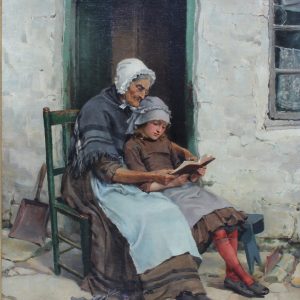 Ralph Hedley RBA. "Reading with Grandma". Oil painting genre.