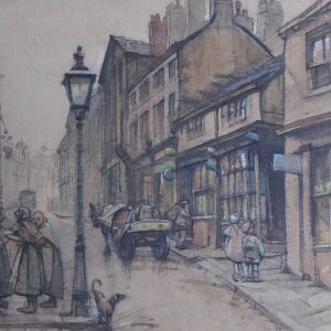 Cuthbert Crossley " Wood Mill Shops, Halifax". Watercolour Townscape.